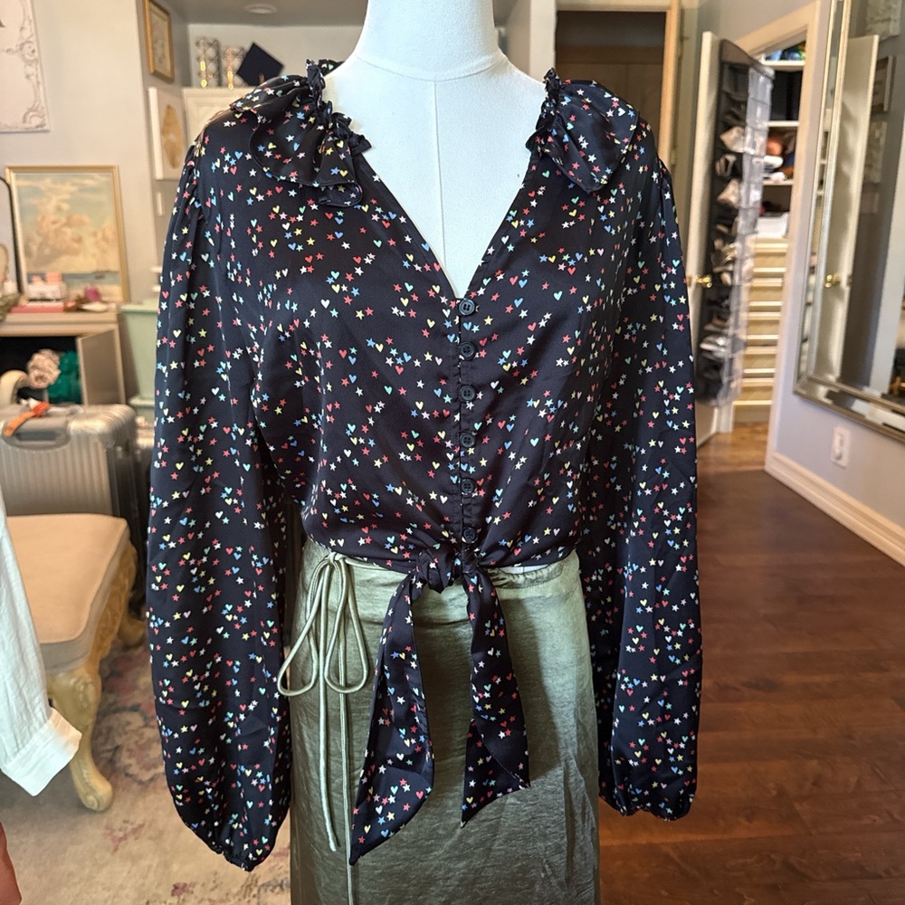 Topshop Black Heart-Print Tie-Front Blouse